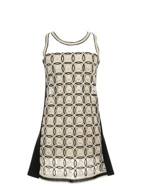 Lucy Paris Geometric Shift Dress Black Ivory Illusion Mesh Sheer Retro Chic
